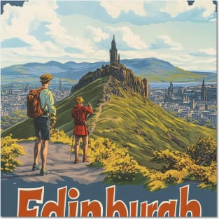 The retro travel poster showcases two hikers appreciating the view from a hilltop, overlooking the beautiful city of Edinburgh with its Posters and Art